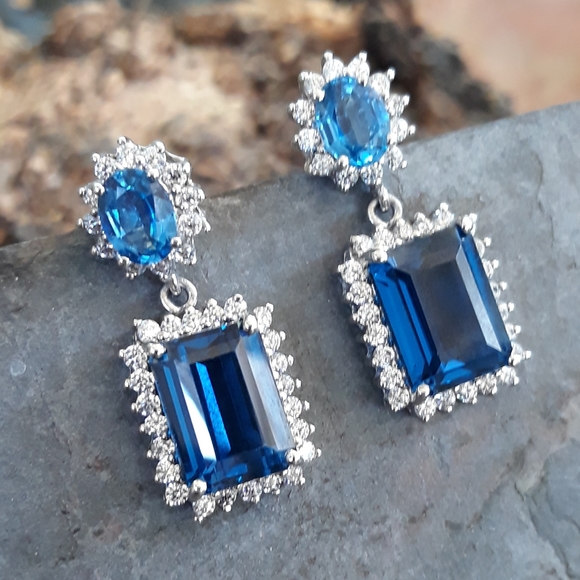 Intense Blue Swiss Topaz and Sapphire Earrings - Picture 11 of 11